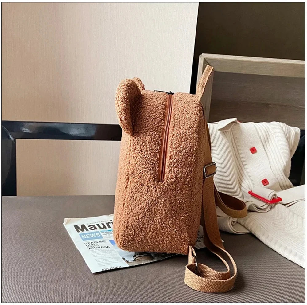 889B-Sac à Dos Mignon en Laine d'Agneau avec Oreilles d'Ours – Petit Sac Doux pour Filles