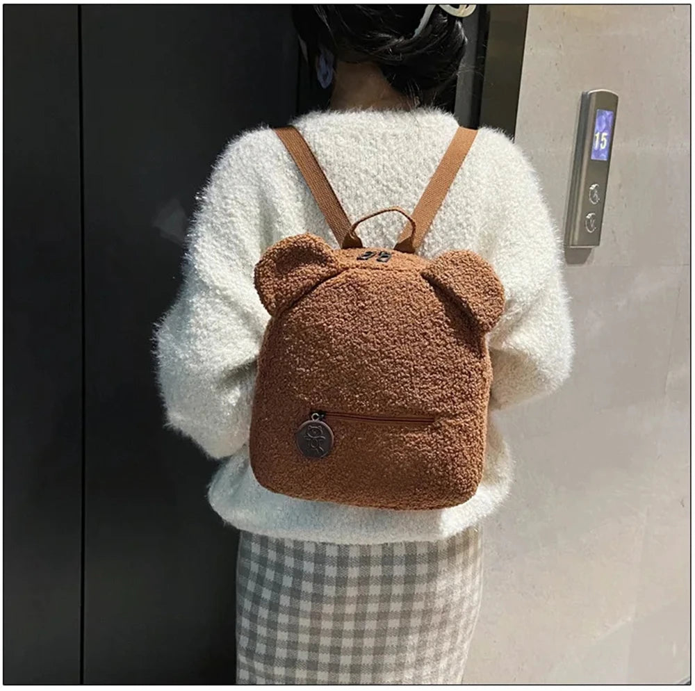 889B-Sac à Dos Mignon en Laine d'Agneau avec Oreilles d'Ours – Petit Sac Doux pour Filles