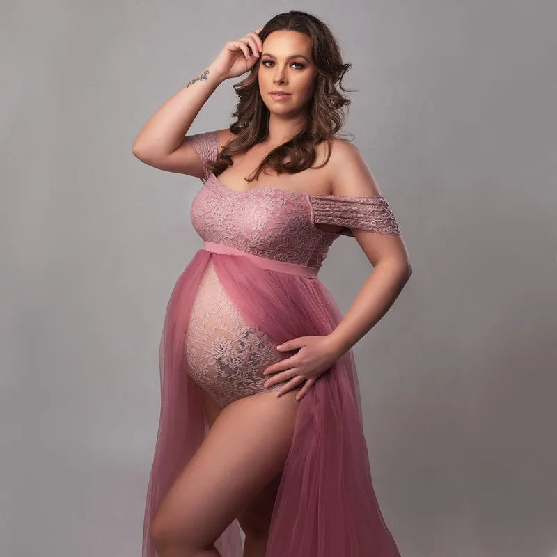 904-Slip Strap Dentelle Tulle Robe Longue de Grossesse – Élégance et Confort pour Future Maman