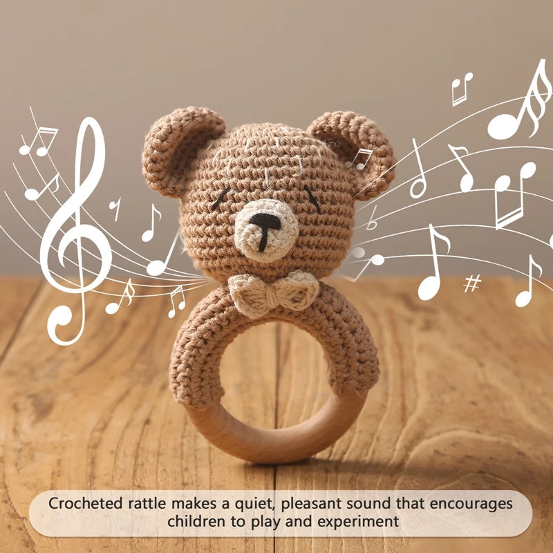 360-Une pc Hochet Animal Crochet et Anneau de Dentition en Bois - Bracelet Apaisant pour Bébé