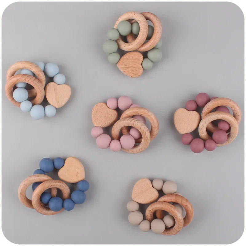 355-Nouveaux Produits pour Bébé en Bois de Hêtre - Jouet de Dentition en Silicone et Bois de Hêtre en Forme de Cœur