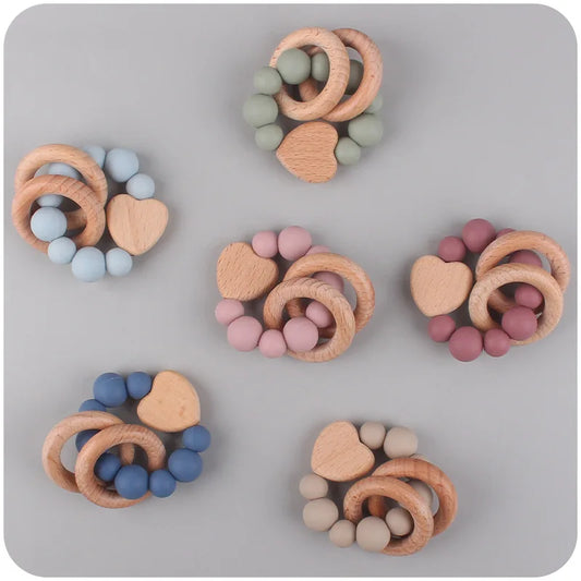 355-Nouveaux Produits pour Bébé en Bois de Hêtre - Jouet de Dentition en Silicone et Bois de Hêtre en Forme de Cœur