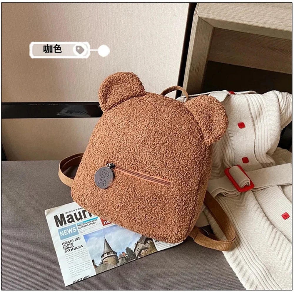 889B-Sac à Dos Mignon en Laine d'Agneau avec Oreilles d'Ours – Petit Sac Doux pour Filles