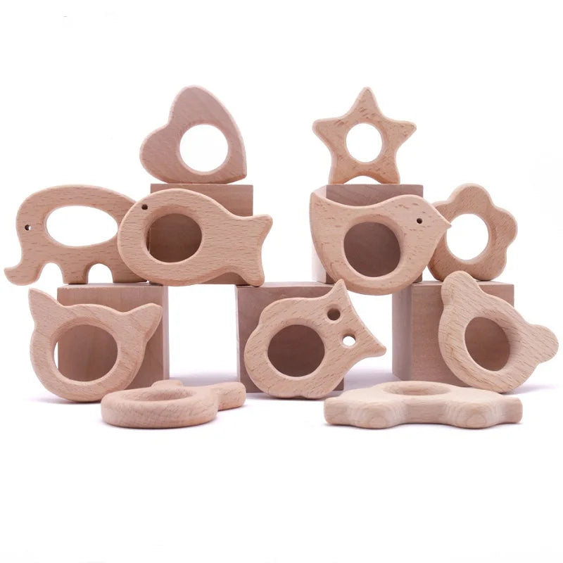 356-Cinq PCS Jouets en Bois à Mordre - Cadeau de Biberon en Bois Naturel