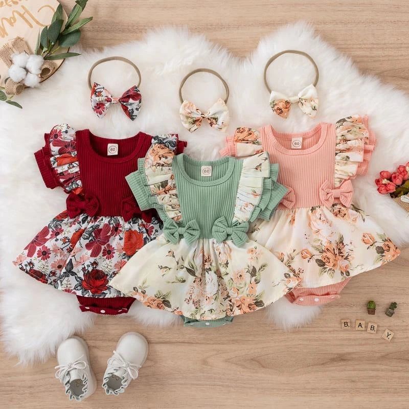 108A- Robe Jumpsuit Fille Bébé avec Nœud - Vêtements d'Été (0-24 Mois)