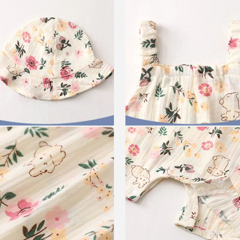 121G-Romper d'Été pour Bébé avec Chapeau – Imprimé Cerise et Ourson
