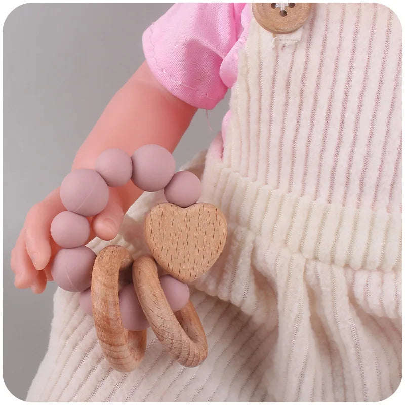 355-Nouveaux Produits pour Bébé en Bois de Hêtre - Jouet de Dentition en Silicone et Bois de Hêtre en Forme de Cœur
