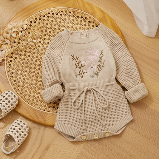 107e-Combinaison Tricotée à Fleurs pour Bébé Fille - Romper Hiver et Automne