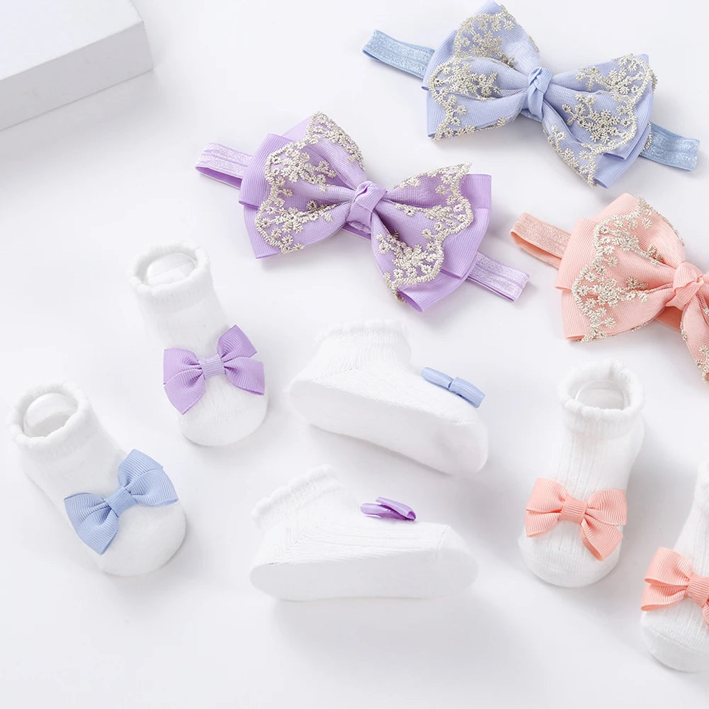 117-Ensemble de 3 Paires de Chaussettes à Volants pour Bébé avec Bandeau en Dentelle