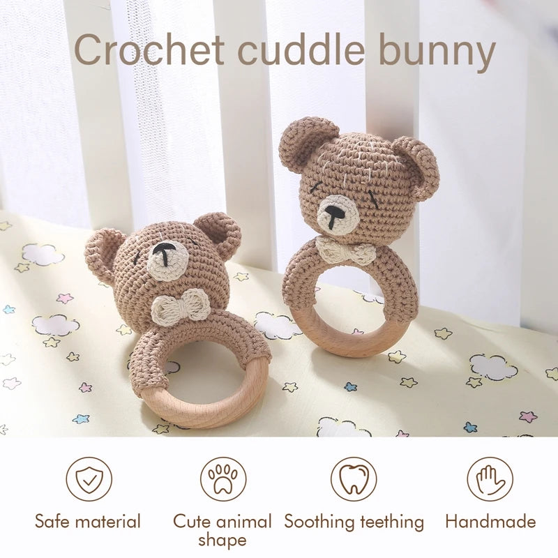 360-Une pc Hochet Animal Crochet et Anneau de Dentition en Bois - Bracelet Apaisant pour Bébé