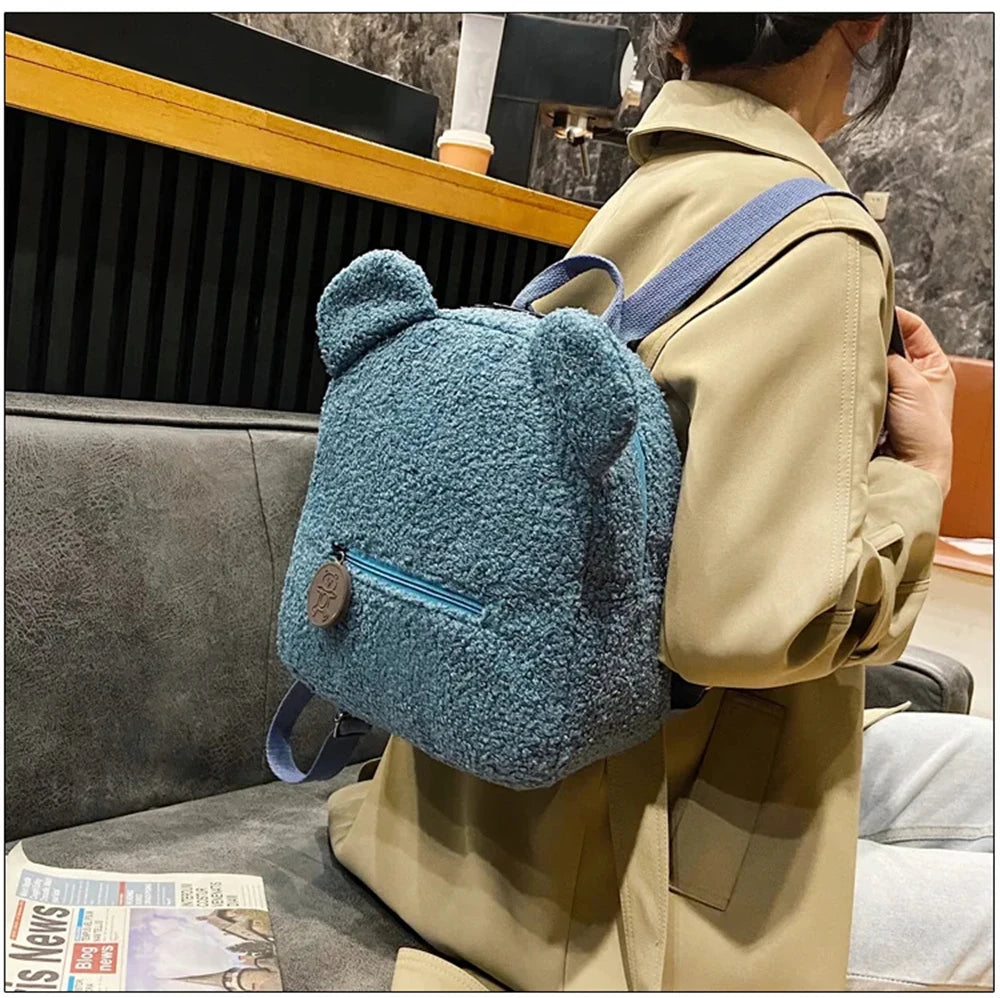 889B-Sac à Dos Mignon en Laine d'Agneau avec Oreilles d'Ours – Petit Sac Doux pour Filles