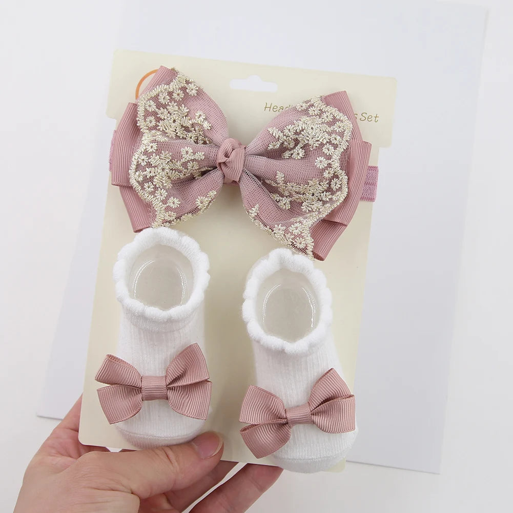 117-Ensemble de 3 Paires de Chaussettes à Volants pour Bébé avec Bandeau en Dentelle