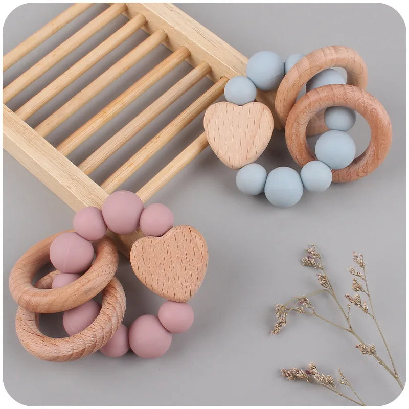 355-Nouveaux Produits pour Bébé en Bois de Hêtre - Jouet de Dentition en Silicone et Bois de Hêtre en Forme de Cœur