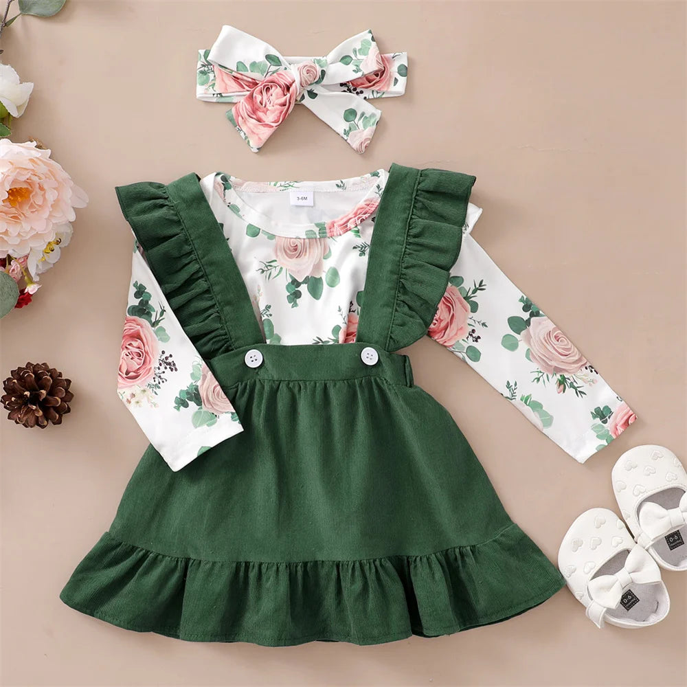 113B-Ensemble 3 Pièces pour Bébé Fille - Floral, Printemps & Automne