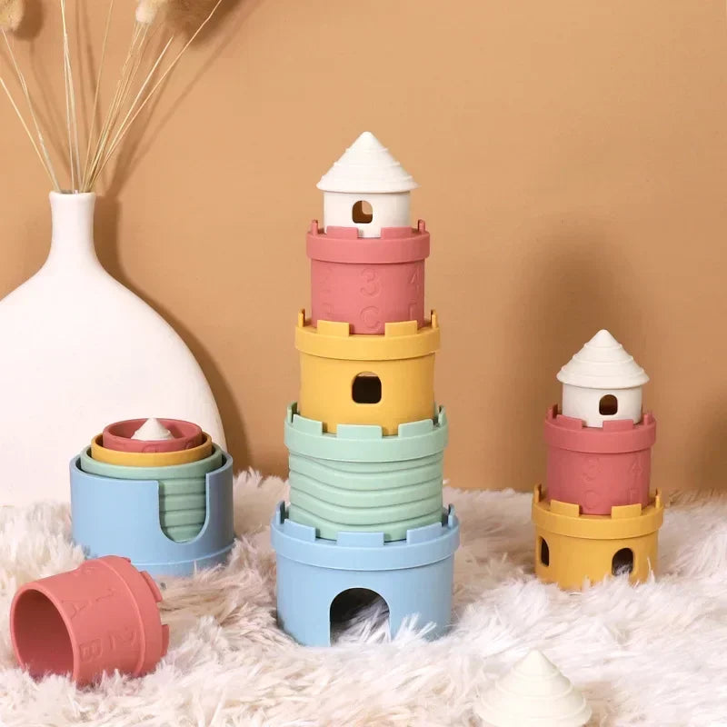 364-Jouet Éducatif Empilable en Silicone – Château et Tasses Colorées
