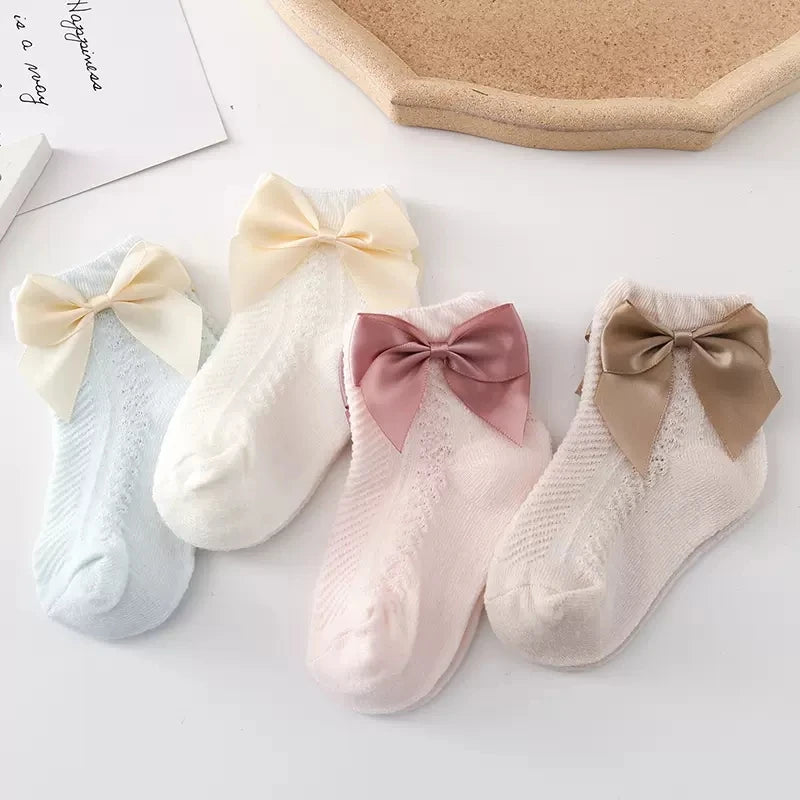 109H-Ensemble de 3 Paires de Chaussettes en Maille d'Été avec Nœud - Confort et Élégance pour Bébé Fille