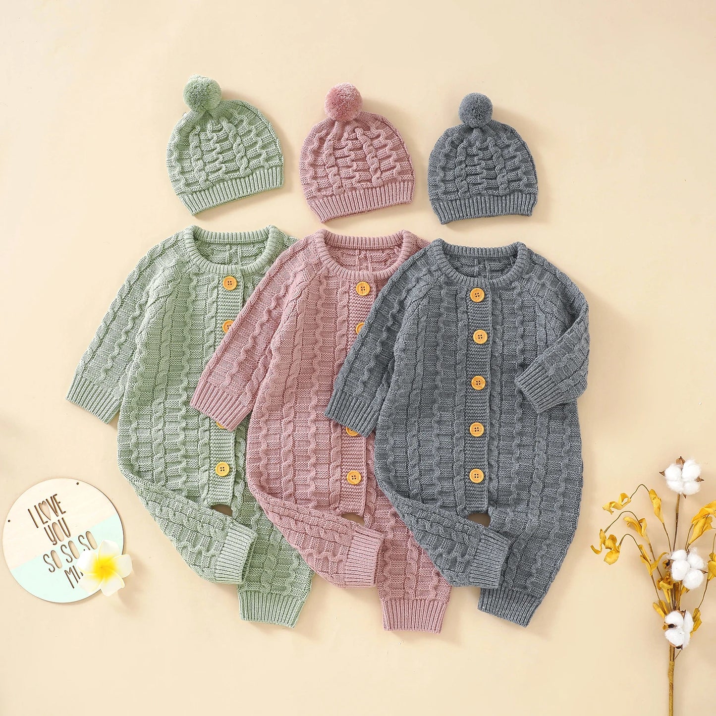 095-Rompers Tricoté avec Bonnet pour Bébé - Élégance et Confort pour les Petits