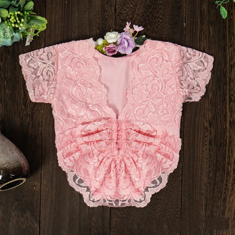 036-Ensemble Photographie Nouveau-né - Combinaison en Dentelle et Bandeau Assorti