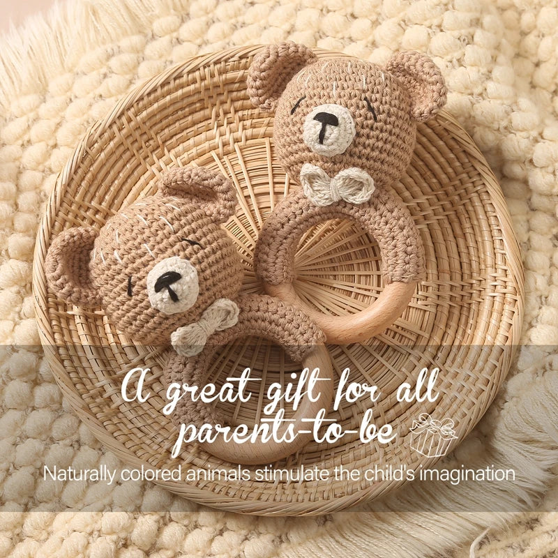 360-Une pc Hochet Animal Crochet et Anneau de Dentition en Bois - Bracelet Apaisant pour Bébé