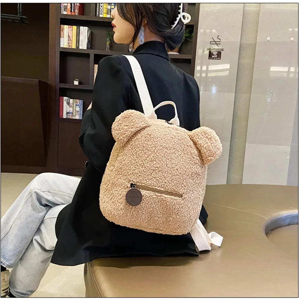 889B-Sac à Dos Mignon en Laine d'Agneau avec Oreilles d'Ours – Petit Sac Doux pour Filles