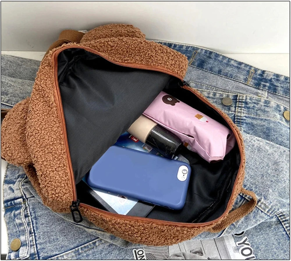 889B-Sac à Dos Mignon en Laine d'Agneau avec Oreilles d'Ours – Petit Sac Doux pour Filles