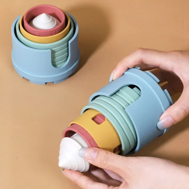 364-Jouet Éducatif Empilable en Silicone – Château et Tasses Colorées