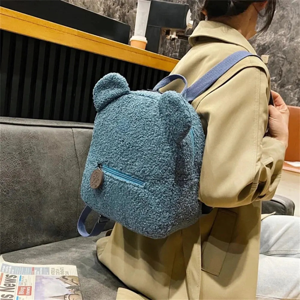 889B-Sac à Dos Mignon en Laine d'Agneau avec Oreilles d'Ours – Petit Sac Doux pour Filles