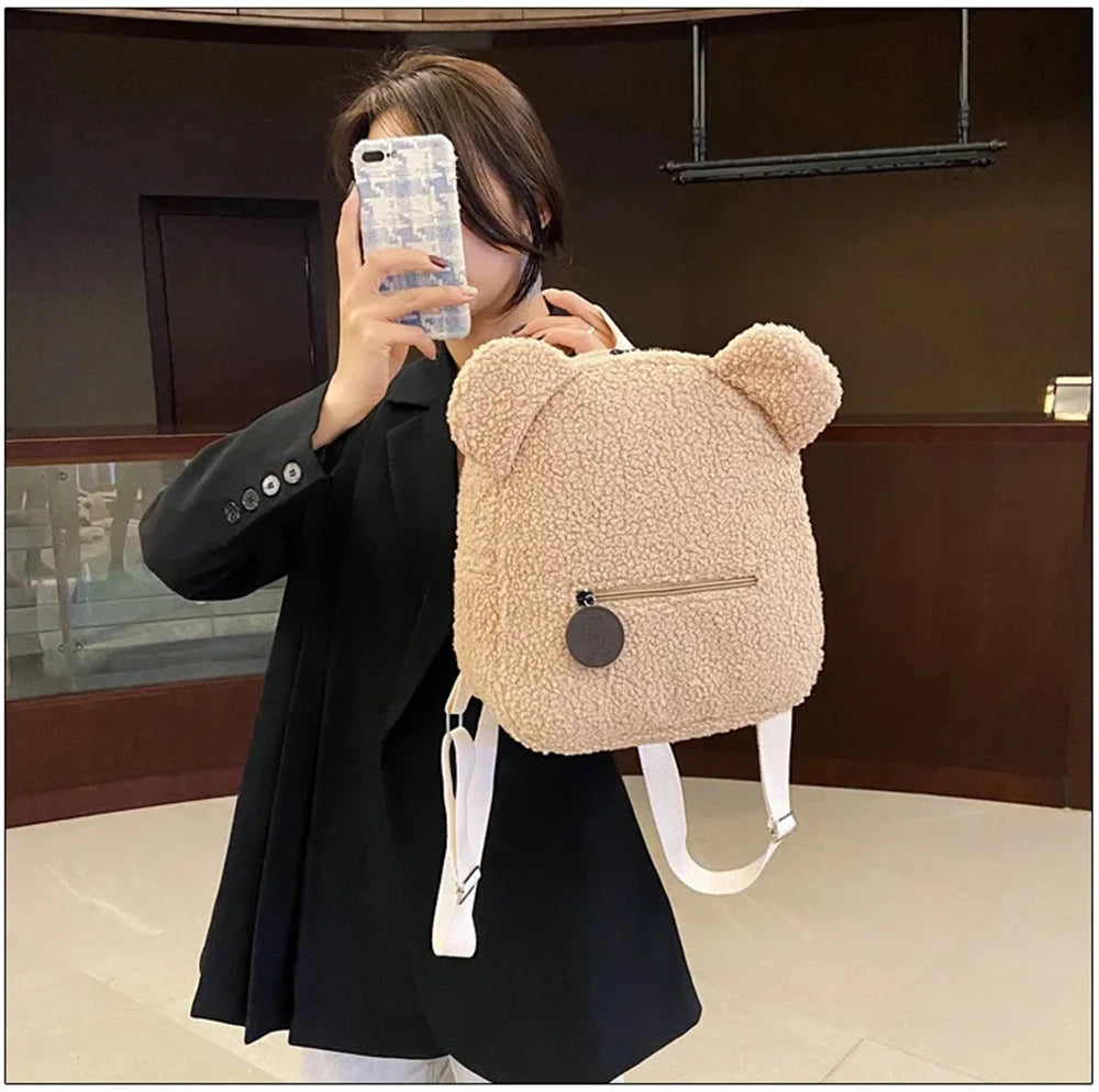 889B-Sac à Dos Mignon en Laine d'Agneau avec Oreilles d'Ours – Petit Sac Doux pour Filles