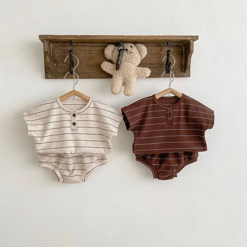 105-Ensemble Estival Bébé - T-shirt Rayé et Bloomer - 2 Pièces Unisexe