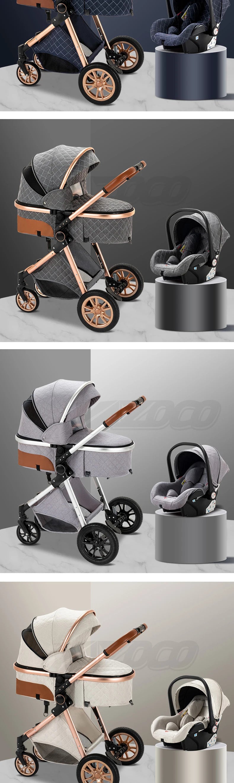 803-Poussette Luxe YAZOCO V9 3-en-1 - Élégance et Confort pour Bébé
