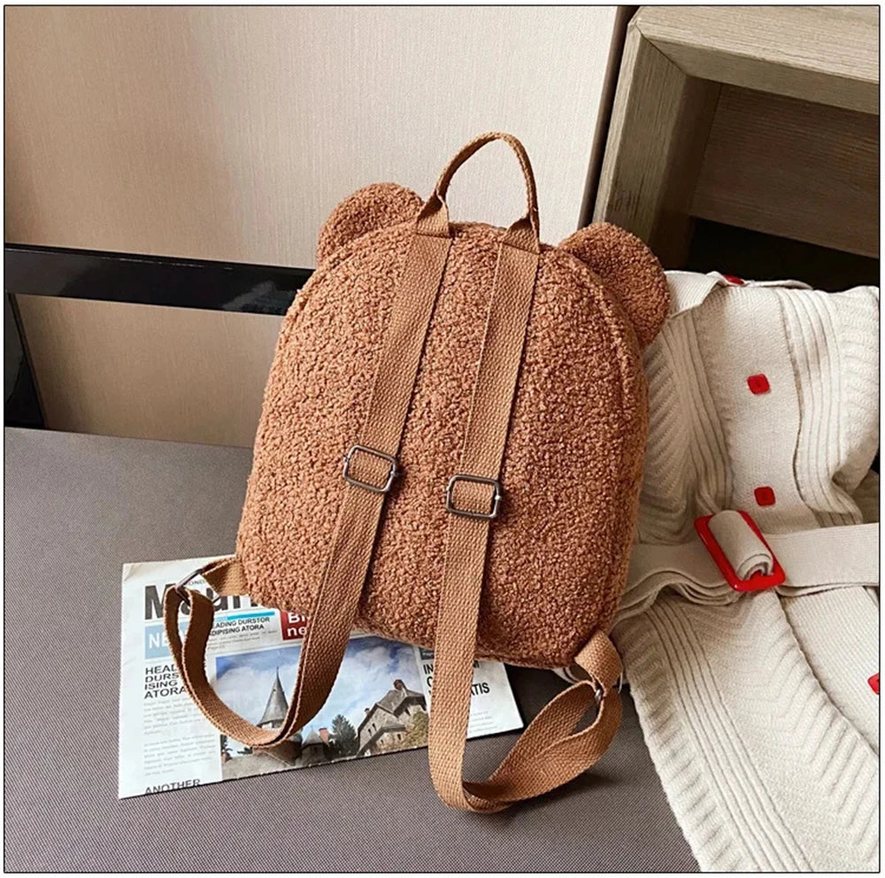 889B-Sac à Dos Mignon en Laine d'Agneau avec Oreilles d'Ours – Petit Sac Doux pour Filles