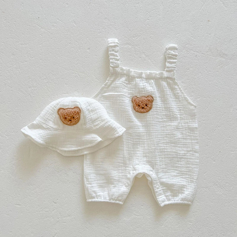 121G-Romper d'Été pour Bébé avec Chapeau – Imprimé Cerise et Ourson