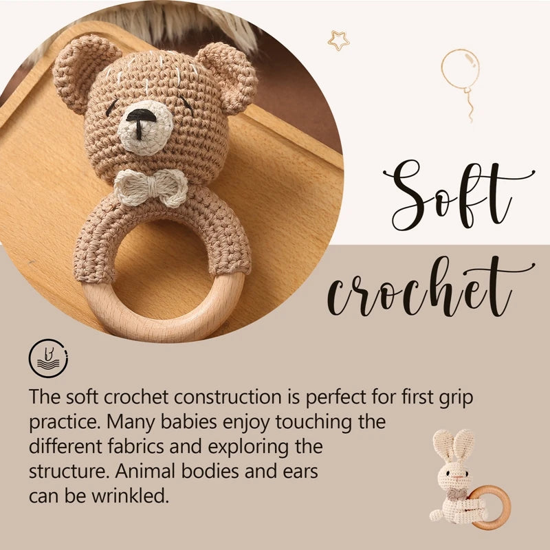 360-Une pc Hochet Animal Crochet et Anneau de Dentition en Bois - Bracelet Apaisant pour Bébé