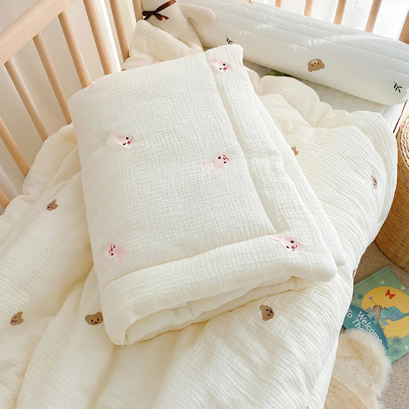 446C-Couverture en Coton Doux Motif Ours et Lapin – Quilt pour Bébé