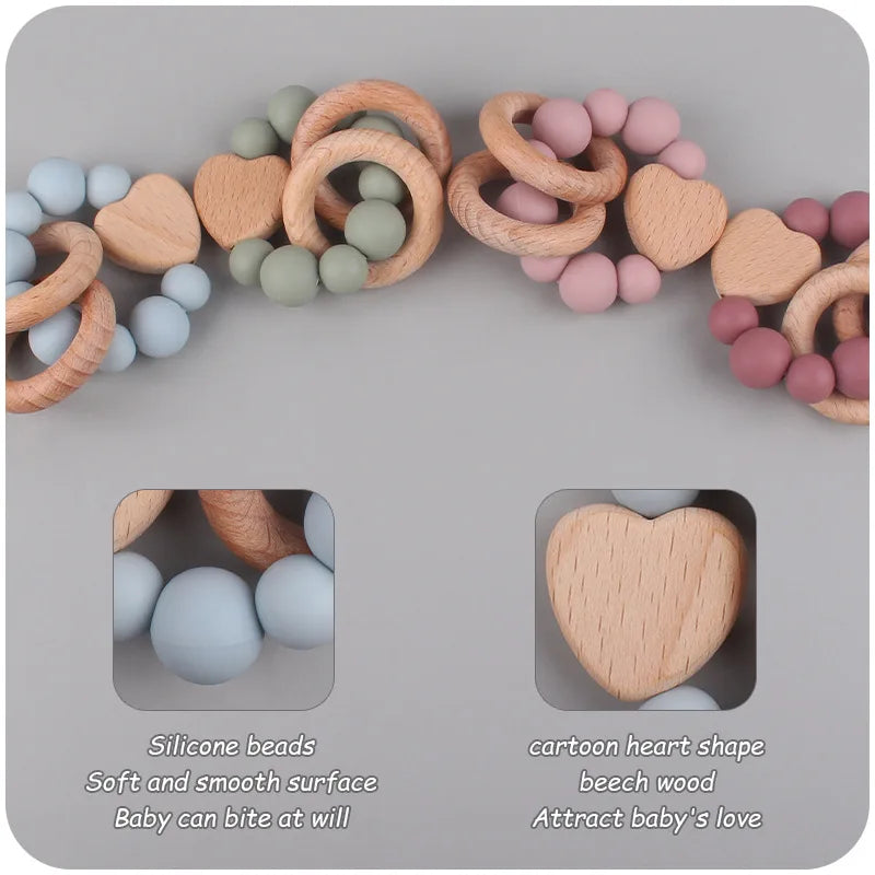 355-Nouveaux Produits pour Bébé en Bois de Hêtre - Jouet de Dentition en Silicone et Bois de Hêtre en Forme de Cœur
