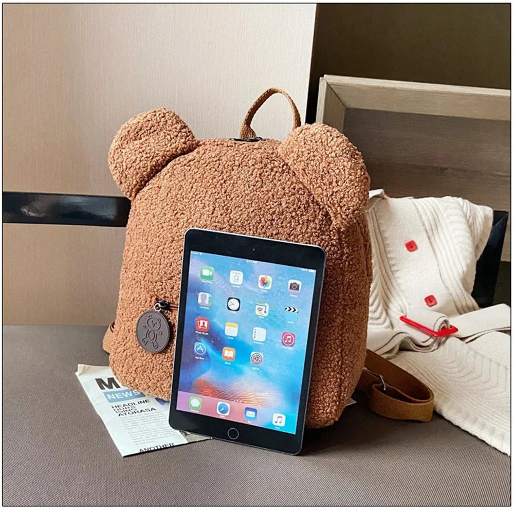 889B-Sac à Dos Mignon en Laine d'Agneau avec Oreilles d'Ours – Petit Sac Doux pour Filles