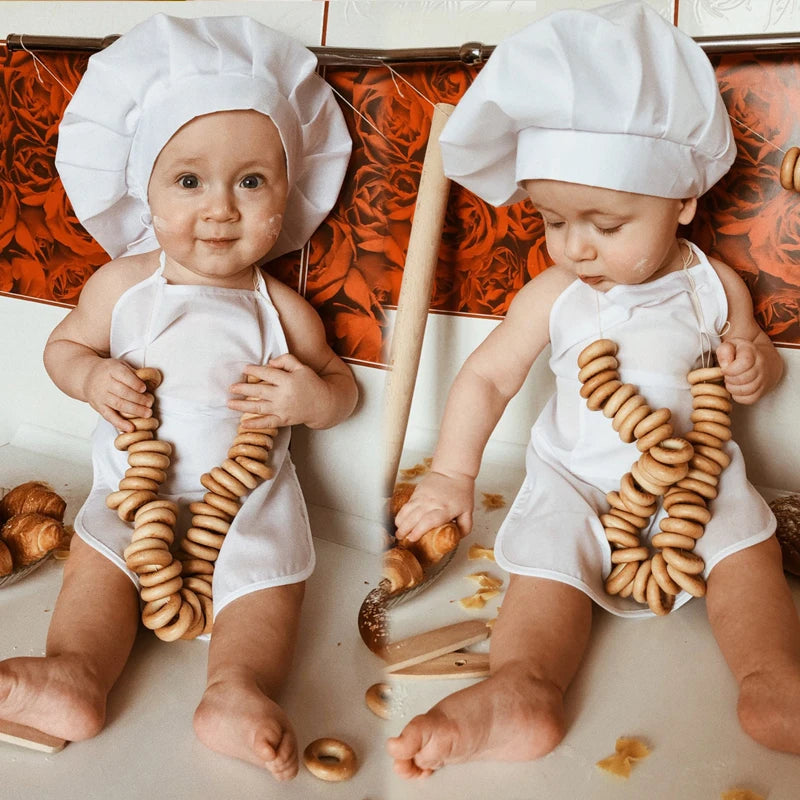 012- Tablier et Bonnet de Chef pour Bébés - Accessoire de Photographie Nouveau-né