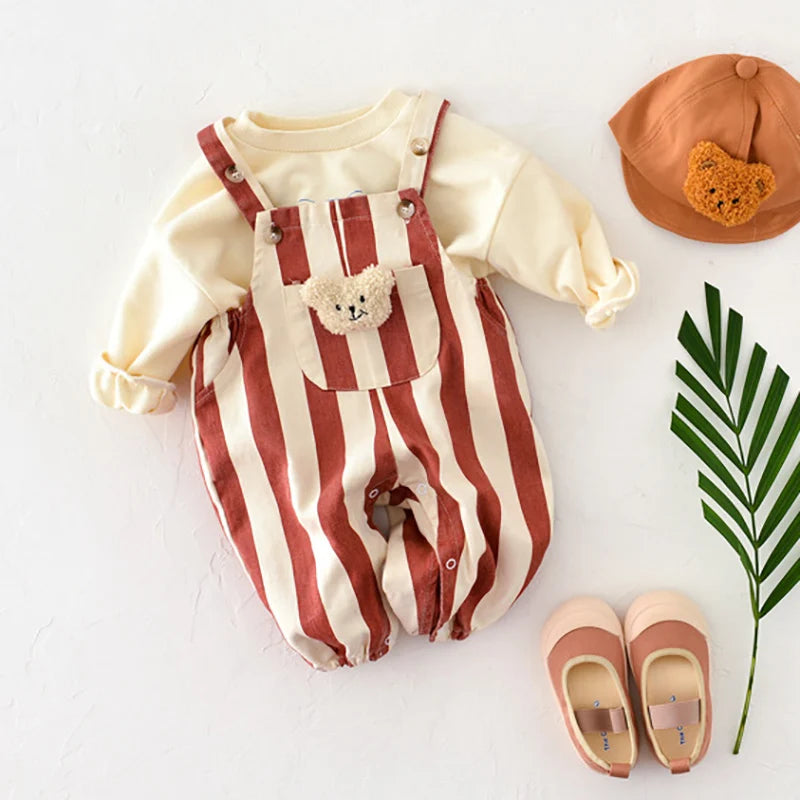 121K-Romper Printemps Bébé à Rayures avec Ourson