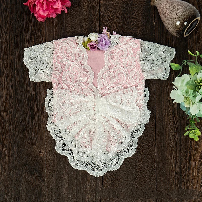 036-Ensemble Photographie Nouveau-né - Combinaison en Dentelle et Bandeau Assorti