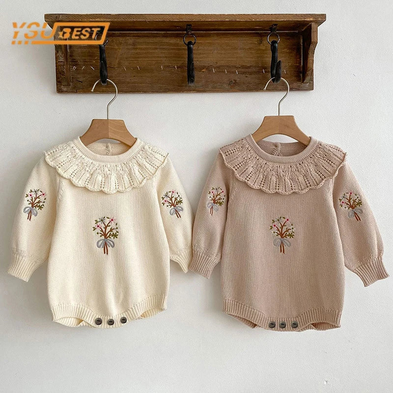 107b-Infant Baby Girls Long Sleeve Sweet Embroidered Knit Jumpsuit - Collection Printemps/Automne