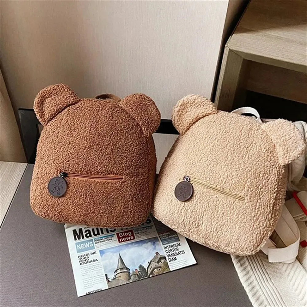889B-Sac à Dos Mignon en Laine d'Agneau avec Oreilles d'Ours – Petit Sac Doux pour Filles