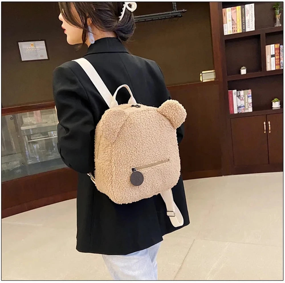 889B-Sac à Dos Mignon en Laine d'Agneau avec Oreilles d'Ours – Petit Sac Doux pour Filles