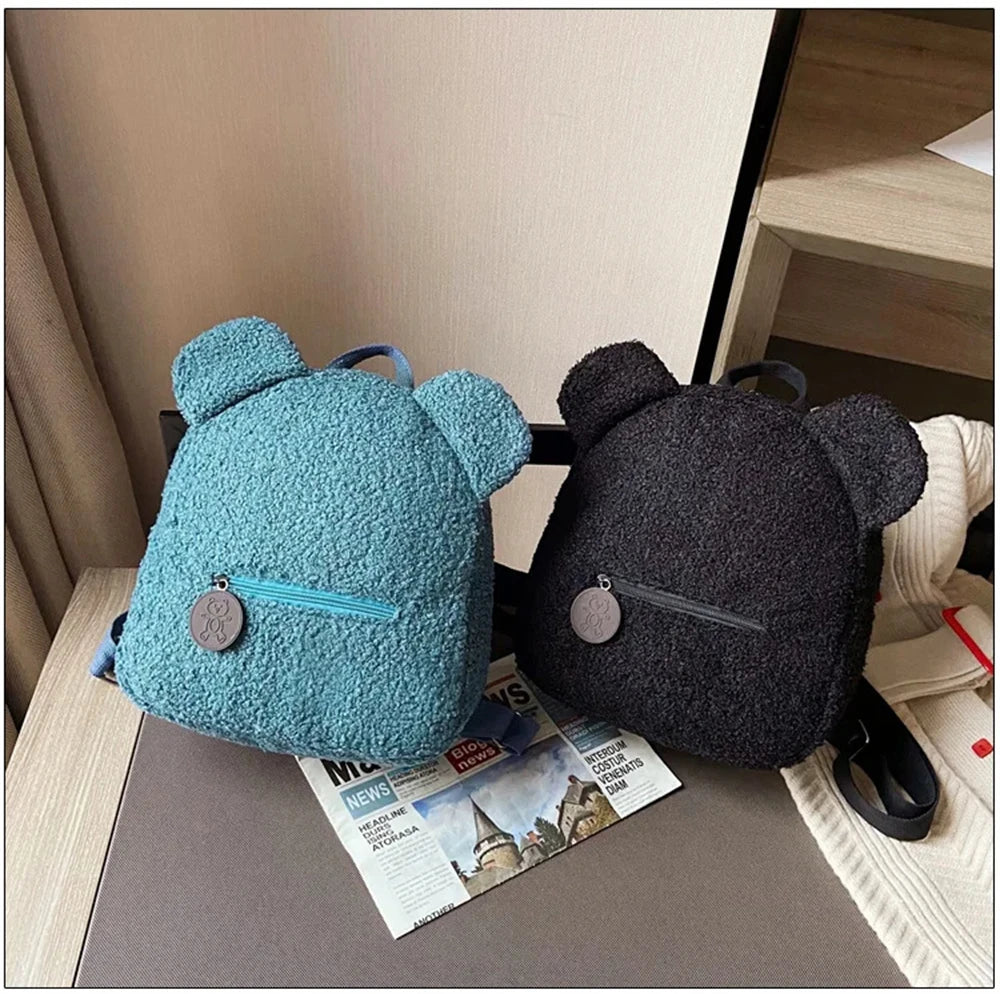 889B-Sac à Dos Mignon en Laine d'Agneau avec Oreilles d'Ours – Petit Sac Doux pour Filles